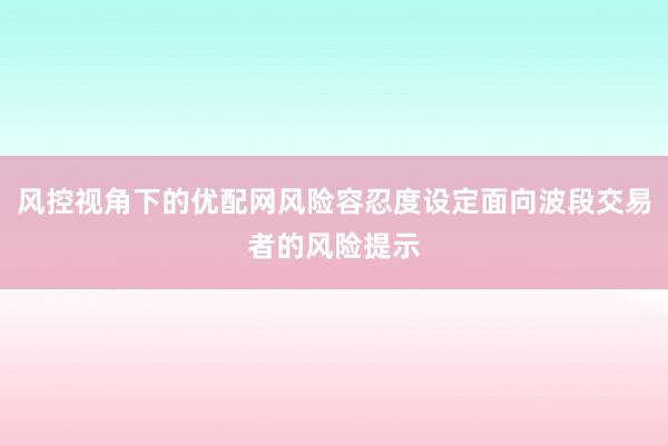 风控视角下的优配网风险容忍度设定面向波段交易者的风险提示